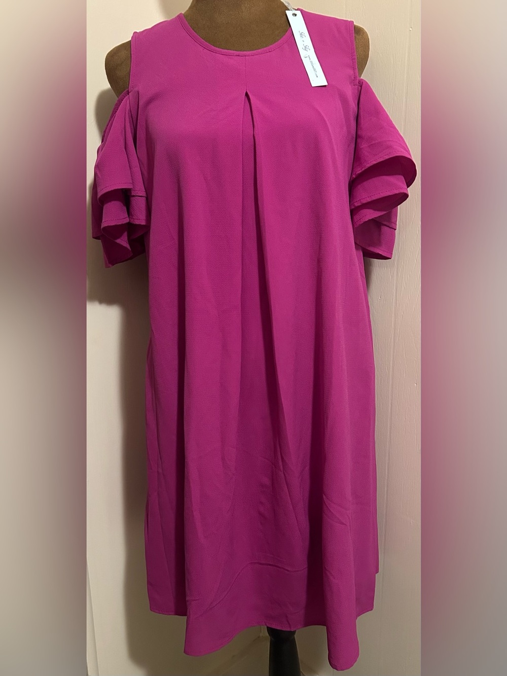 She & Sky Fuchsia Cold-Shoulder Ruffle Sleeve Dress